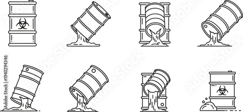 Set of hazardous waste barrels and chemical drums illustrated with biohazard symbols and toxic spills perfect for environmental pollution industrial safety and danger concepts