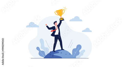 Successful businessman in a suit standing on top of a mountain peak holding a golden trophy cup to celebrate his victory.