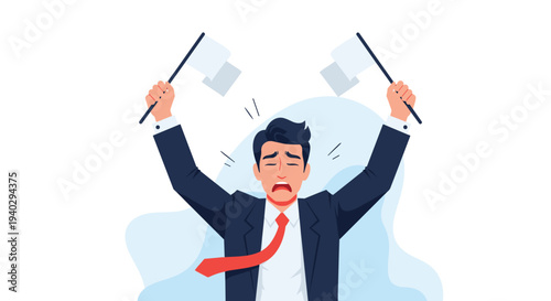Stressed businessman in a suit holding two white flags of surrender to represent failure or giving up in a difficult situation.