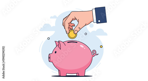 Close up of a human hand in a suit putting a gold coin into a pink piggy bank to illustrate savings and investment habits.