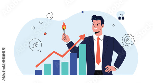 Visionary businessman holding a lit match next to a rising bar chart to represent starting a new business growth phase.