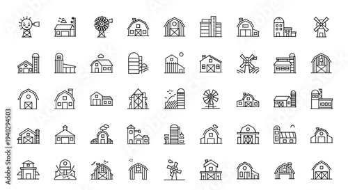 Extensive set of forty-five line icons depicting different styles of barns, farmhouses, silos, and windmills for modern agricultural design projects.