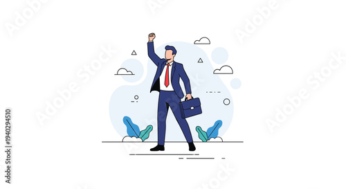 Businessman in a blue suit raising his fist in celebration while holding a briefcase, portraying triumph, power, and professional business success.