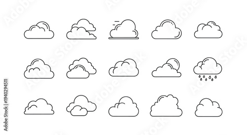 Collection of fifteen simple line icons representing different cloud formations and weather conditions like sunny, cloudy, rainy, and windy days.