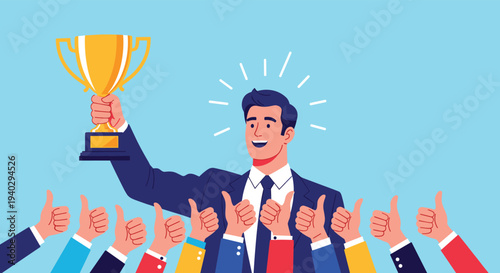 Joyful businessman holding a golden trophy cup high while surrounded by several hands giving him a thumbs-up sign of professional approval and like.
