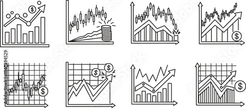 Collection of hand-drawn financial charts and business graphs depicting stock market trends and economic data visualization perfect for investment analysis and presentations