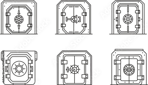 Collection of minimalist vault door icons line art design elements for financial security and data protection concepts isolated on white background