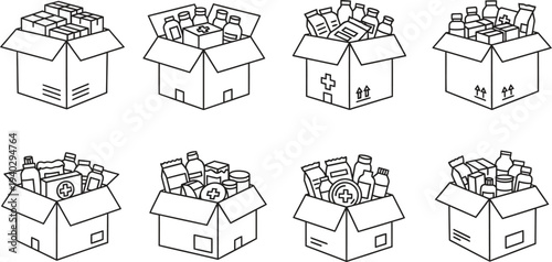 Collection of minimalist line art cardboard boxes filled with diverse products for delivery donation or supply chain concepts isolated on white background