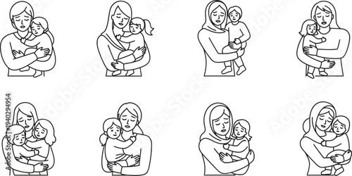 Set of diverse mothers holding their children depicted in minimalist line art style ideal for parenting family care and UIUX design concepts