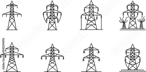 Set of various power line towers minimalist outline vector icons for electric grid infrastructure energy transmission and power supply concepts