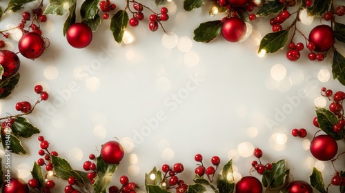 Festive Christmas Border with Red Ornaments and Bokeh Lights