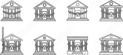 Set of minimalist classical building icons each secured with chains and a padlock representing financial security restricted access or data protection