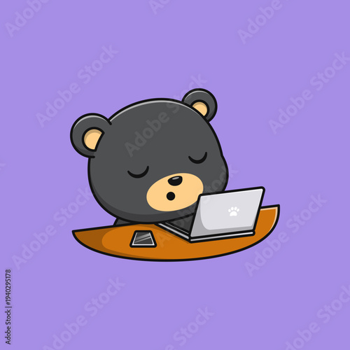 Cartoon black bear sleeping in front of the laptop