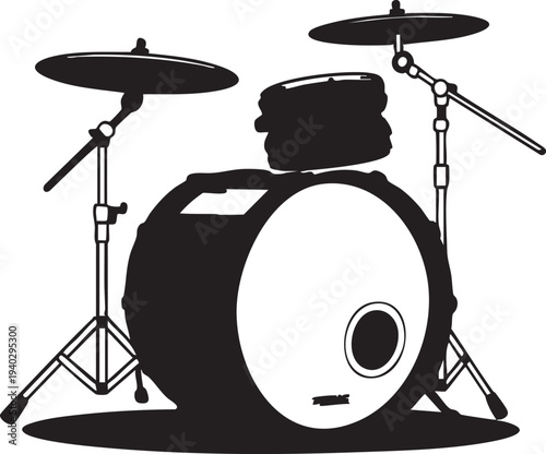 Drum Set Silhouette in Modern Minimalist Style with High Contrast Black and White Lighting for Music Industry