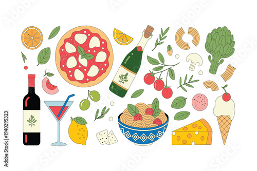 Mediterranean Food and Cuisine Illustration Set with Pizza, Pasta, Wine Bottle, Cheese, Olive Oil, Lemon, Tomato and Italian Meal Elements Vector Illustration