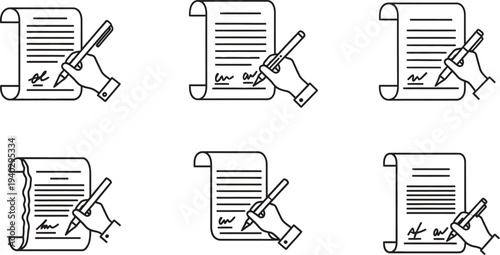 Collection of minimalist line art icons depicting a hand signing a contract or official document ideal for legal business and agreement-related designs