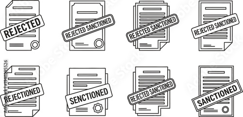 Collection of minimalist outline document icons featuring rejected and sanctioned stamps perfect for illustrating legal compliance and approval processes in business applications