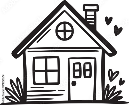 Cozy House Illustration in Simple Line Art with Black and White Color Scheme for Real Estate