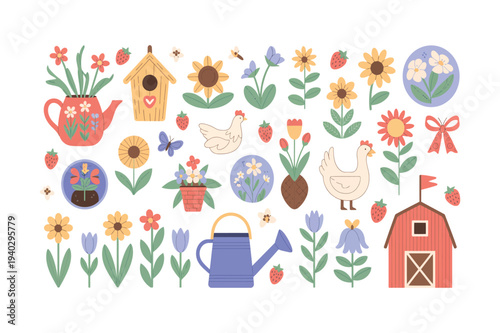 Spring Garden Elements Icon Set with Flowers, Watering Can, Birdhouse, Barn, Chicken, Strawberry and Floral Nature Vector Illustration