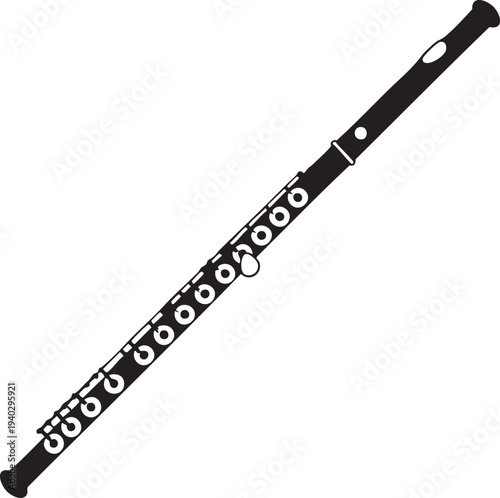 Flute in black and white illustration with detailed keys and mouthpiece on white background for music education