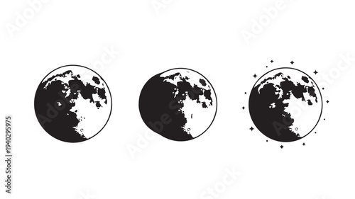 Earth Icons in Various Stages of Disintegration with Black and White Color Scheme and Simple Line Art Style for Infographic Design