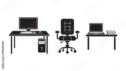 Office workstation with modern computer setup and ergonomic chair in minimalist monochrome style for corporate branding