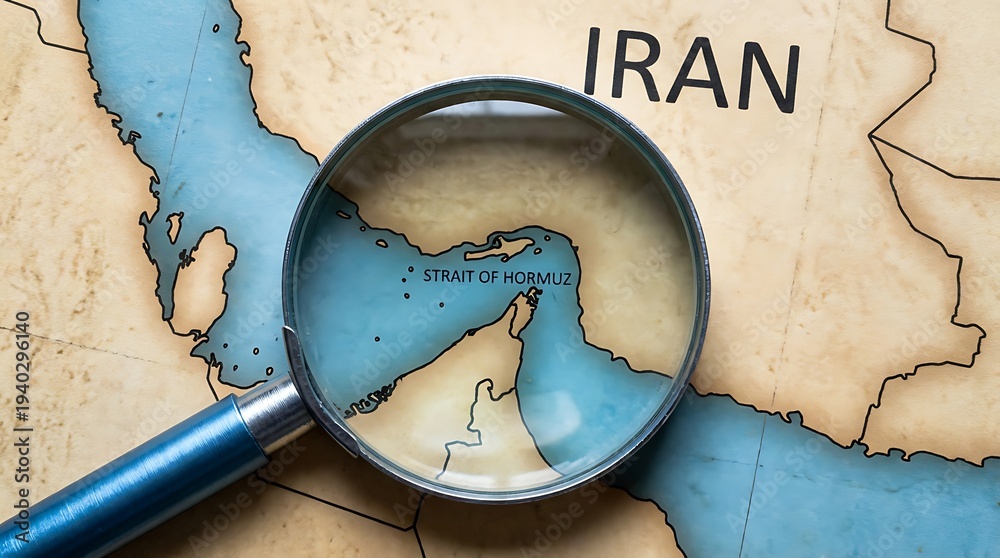 Obraz premium Magnifying glass focusing on Strait of Hormuz on paper map with Iran background conceptualizing detailed geopolitical analysis of middle east energy corridors and shipping lanes