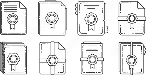 Collection of minimalist outline document icons featuring seals and ribbons ideal for representing official papers contracts and certificates in digital interfaces
