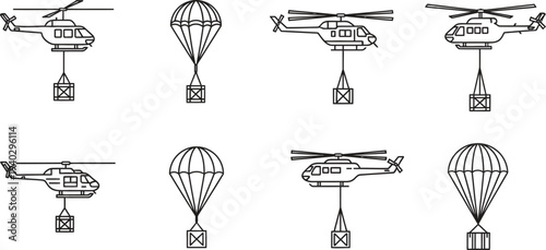 Bild auf Leinwand Set of helicopter and parachute cargo delivery icons simple line art vector illu