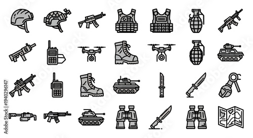 Outline Military Gear and Weaponry Line Icons Set with Drone, Tank, Grenade, and Binoculars on Isolated White Background