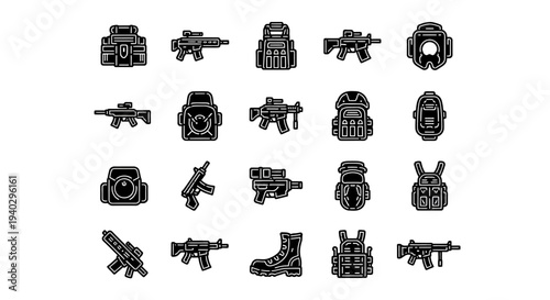Military Equipment and Combat Gear Solid Icons Set with Helmet, Rifle, Vest, and Grenade Symbols on Isolated White Background