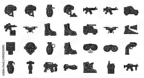 Tactical Military Equipment Solid Icons, showcasing army gear, weaponry, and surveillance tools on an isolated white background.