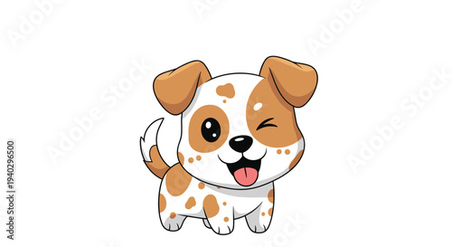 Cute brown spotted puppy winking with a happy expression and pink tongue on a minimalist white background.
