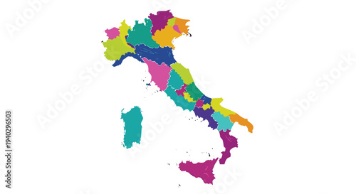 Colorful administrative map of Italy with regions highlighted in various vibrant colors on a plain white background.