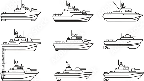 Collection of various military ships and patrol boats presented as minimalist line art vector icons for naval defense maritime security and web design