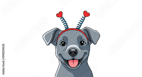 Happy grey puppy wearing a playful headband with two bouncing bright red hearts on a plain white background.