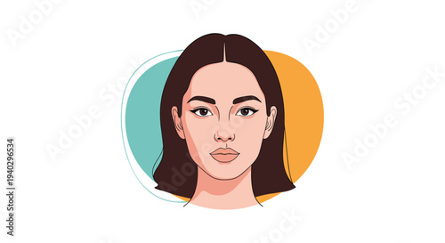 Beautiful portrait of a young woman with dark hair and a neutral expression set against a colorful abstract background.