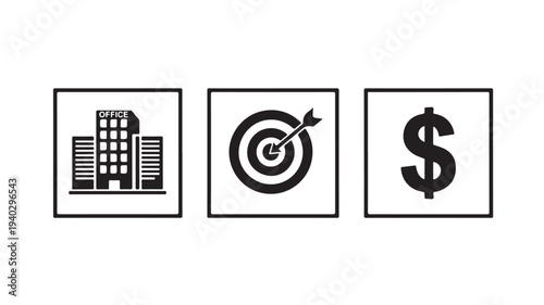 Business icons in minimalist style with bold black graphics on white background for financial marketing