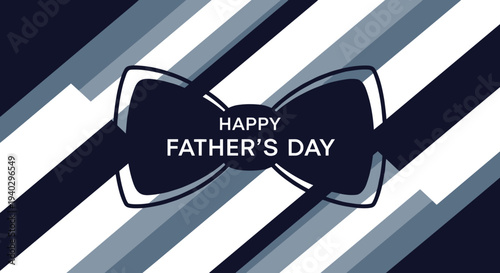 Happy Father's Day greeting card featuring a stylish bow tie silhouette against a dynamic striped background in blue and white tones.