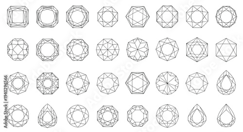 Large set of various gemstone and diamond cut diagrams showing complex facets and shapes in a clean black and white linear style.