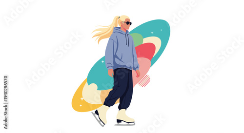 Young woman in a blue hoodie and sunglasses ice skating with an abstract colorful background representing motion and winter activities.