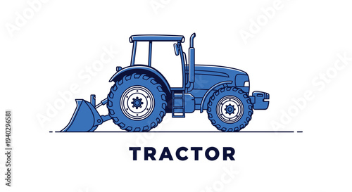 Modern blue tractor with a front loader bucket illustrated in a clean linear style for farming and agricultural machinery concepts.