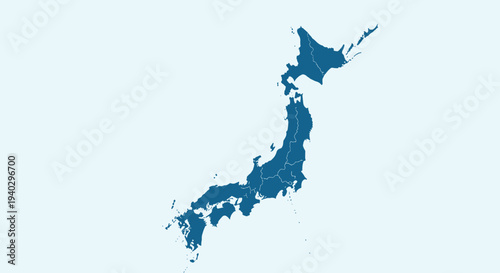 Detailed map of japan in a solid blue color is shown on a light blue background representing the geography and regions of the island nation.