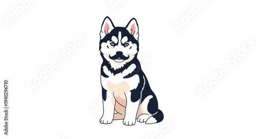 Charming siberian husky dog sitting patiently and wearing a black mustache is isolated on a white background in a fun vector style.