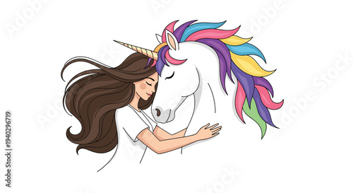 Beautiful girl with long brown hair is hugging a white unicorn with a colorful rainbow mane in a magical fantasy illustration.