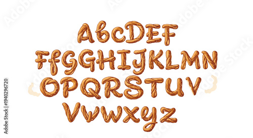 Full alphabet set with letters from a to z is creatively crafted from twisted brown bread or pretzel dough on a white background.