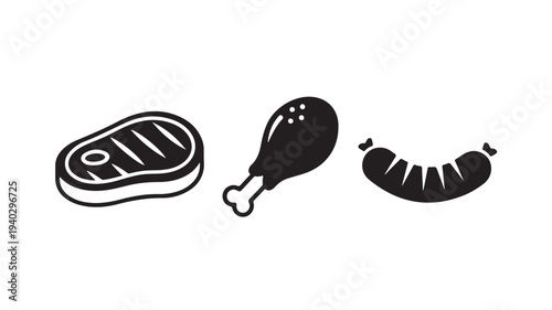 Grilled Meat Illustration Set in Simple Line Art Style with Black and White Color Scheme on White Background for Menu Design