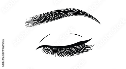 Detailed illustration of a closed female eye with long thick eyelashes and a perfectly shaped eyebrow on a white background.