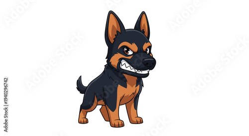 Angry black and tan german shepherd puppy with an aggressive expression is showing its sharp teeth on a white background.