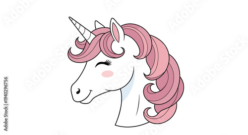 Profile of a beautiful white unicorn head with a soft pink mane and a golden horn is isolated on a white background.